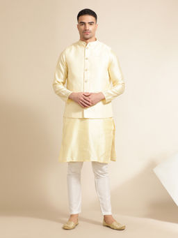 Jaipur Kurti - Yellow Woven Embroidered Straight Kurta with Pant & Nehru Jacket (Set of 3)