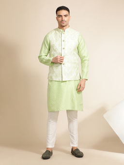 Jaipur Kurti - Green Woven Embroidered Straight Kurta with Pant & Nehru Jacket (Set of 3)