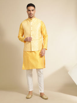Jaipur Kurti - Yellow Woven Embroidered Straight Kurta with Pant & Nehru Jacket (Set of 3)