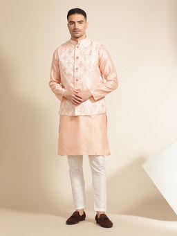 Jaipur Kurti - Peach Woven Embroidered Straight Kurta with Pant & Nehru Jacket (Set of 3)