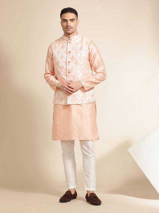 Jaipur Kurti Peach Woven Embroidered Straight Kurta with Pant & Nehru Jacket (Set of 3)