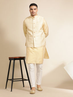 Jaipur Kurti - Yellow Woven Embroidered Straight Kurta with Pant & Nehru Jacket (Set of 3)