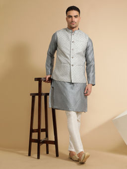 Jaipur Kurti - Grey Woven Embroidered Straight Kurta with Pant & Nehru Jacket (Set of 3)