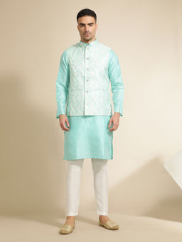 Jaipur Kurti - Blue Woven Embroidered Straight Kurta with Pant & Nehru Jacket (Set of 3)