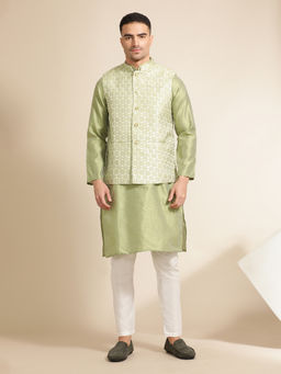 Jaipur Kurti - Green Woven Embroidered Straight Kurta with Pant & Nehru Jacket (Set of 3)