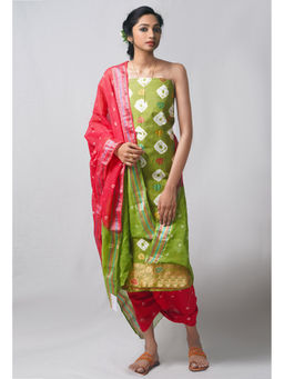 Unnati Silks - Unstitched Green Pure Bandhani Cotton Salwar Kameez (Set of 3)