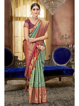 Sangam Prints - Sea Green Silk Woven Zari Work Traditional Tassel Saree with Unstitched Blouse