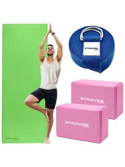 Strauss - Set of 3- Belt 8FT Blue 2 Block Pink & Anti Skid Yoga Mat with Carry Bag Green