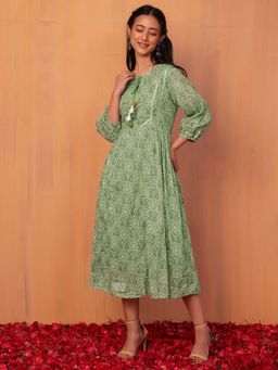 Indya - Green Bandhani Print Embroidered Cotton Anarkali Kurta