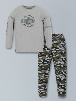 3PIN - Boys Cotton Beige Printed Night Suit with T-Shirt and Joggers (Set of 2)