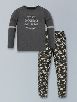 3PIN - Boys Charcoal Melange Printed Night Suit with T-Shirt and Joggers (Set of 2)