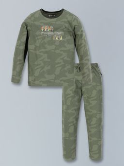 3PIN - Boys Cotton Olive Printed Night Suit with T-Shirt and Joggers (Set of 2)