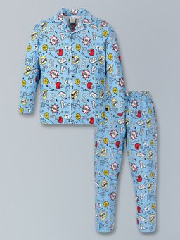 3PIN - Boys Cotton Blue Printed Night Suits with Shirt and Pyjama (Set of 2)