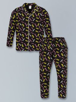 3PIN - Boys Cotton Black Textured Print Night Suits with Shirt and Pyjama (Set of 2)