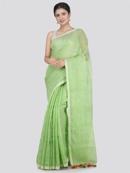 PinkLoom - Women's Linen Saree with Unstitched Blouse Piece, Green