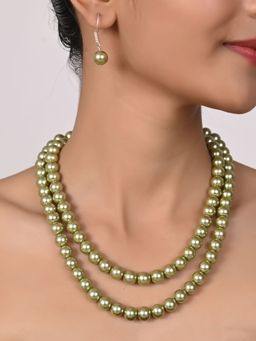 Ratnavali Jewels - Imitation Pearl 10mm Beads Dual Strand Necklace with Hook Earrings (Set of 2)