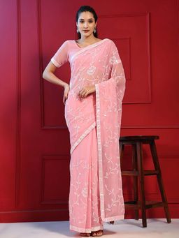 MEENA BAZAAR - Sequence Pink Georgette Saree Without Blouse