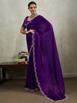 MEENA BAZAAR - Embellished Purple Satin Saree Without Blouse