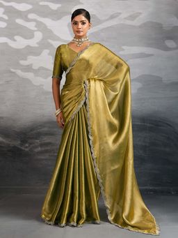 MEENA BAZAAR - Plain Embellished Golden Chinon Saree Without Blouse