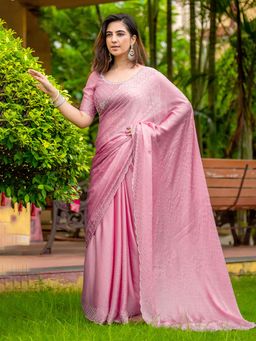 MEENA BAZAAR - Embellished Pink Chinon Saree Without Blouse