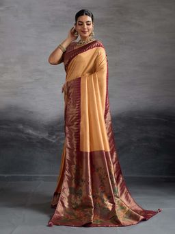 MEENA BAZAAR - Woven Peach Art Silk Saree Without Blouse
