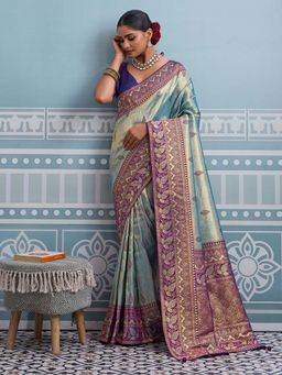 MEENA BAZAAR - Woven Aqua Art Silk Saree Without Blouse