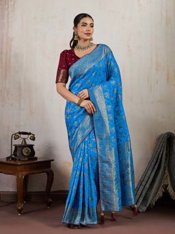 MEENA BAZAAR - Woven Blue Art Silk Saree Without Blouse