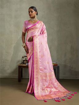 MEENA BAZAAR - Woven Pink Art Silk Saree Without Blouse