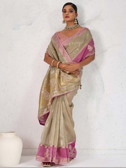 MEENA BAZAAR - Woven Beige Linen Saree Without Blouse