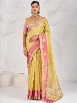 MEENA BAZAAR - Woven Mustard Linen Saree Without Blouse
