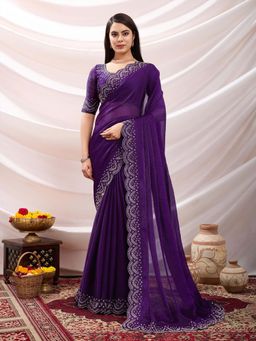 MEENA BAZAAR - Embellished Purple Chinon Saree Without Blouse