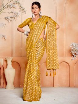 MEENA BAZAAR - Floral Printed Mustard Chinon Saree Without Blouse