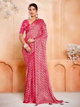 MEENA BAZAAR - Floral Printed Pink Chinon Saree Without Blouse