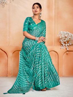 MEENA BAZAAR - Floral Printed Blue Chinon Saree Without Blouse