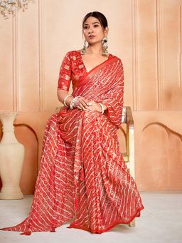 MEENA BAZAAR - Floral Printed Red Chinon Saree Without Blouse