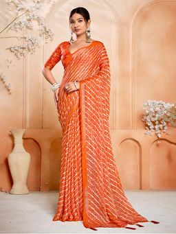 MEENA BAZAAR - Floral Printed Orange Chinon Saree Without Blouse