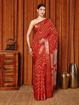 MEENA BAZAAR - Printed Red Art Silk Saree Without Blouse
