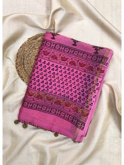 Palash - Pink Hand Block Printed Chanderi Silk Saree With Unstitched Blouse