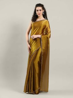 MEENA BAZAAR - Solid Embellished Green Art Silk Saree Without Blouse