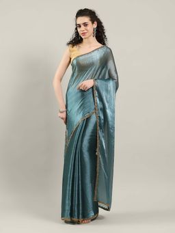 MEENA BAZAAR - Solid Embellished Blue Art Silk Saree Without Blouse
