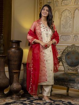 VredeVogel - Beige Women Kurta With Pant & Dupatta