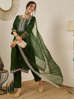 VredeVogel - Dark Green Women Kurta With Pant & Dupatta