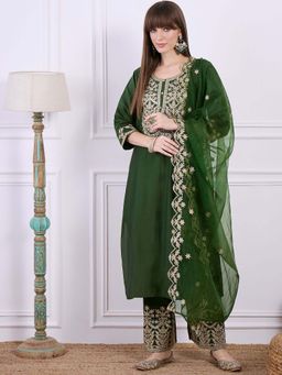 VredeVogel - Dark Green Women Kurta With Palazzo & Dupatta