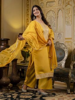 VredeVogel - Mustard Women Kurta With Palazzo & Dupatta