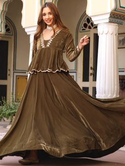 Lavanya The Label - Olive Green Velvet Peplum Lehenga (Set of 2)