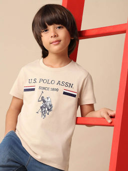 U.S. POLO ASSN. - Boys Beige Brand Embossed Pure Cotton T-shirt