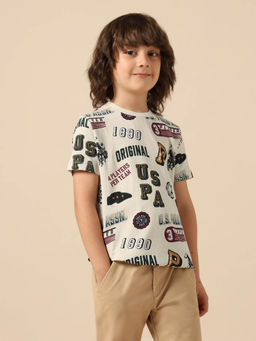 U.S. POLO ASSN. - Boys Beige Typography Printed Pure Cotton T-shirt