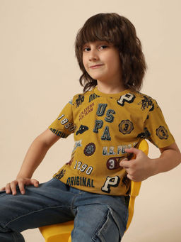 U.S. POLO ASSN. - Boys Mustard Typography Printed Pure Cotton T-shirt