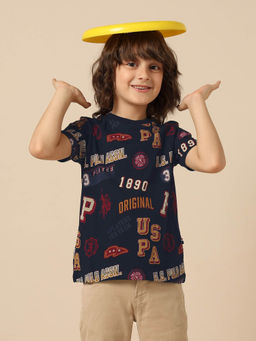 U.S. POLO ASSN. - Boys Navy Blue Typography Printed Pure Cotton T-shirt