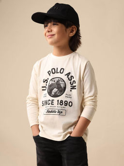 U.S. POLO ASSN. - Boys Off White Brand Typography Printed Regular Fit T-shirt